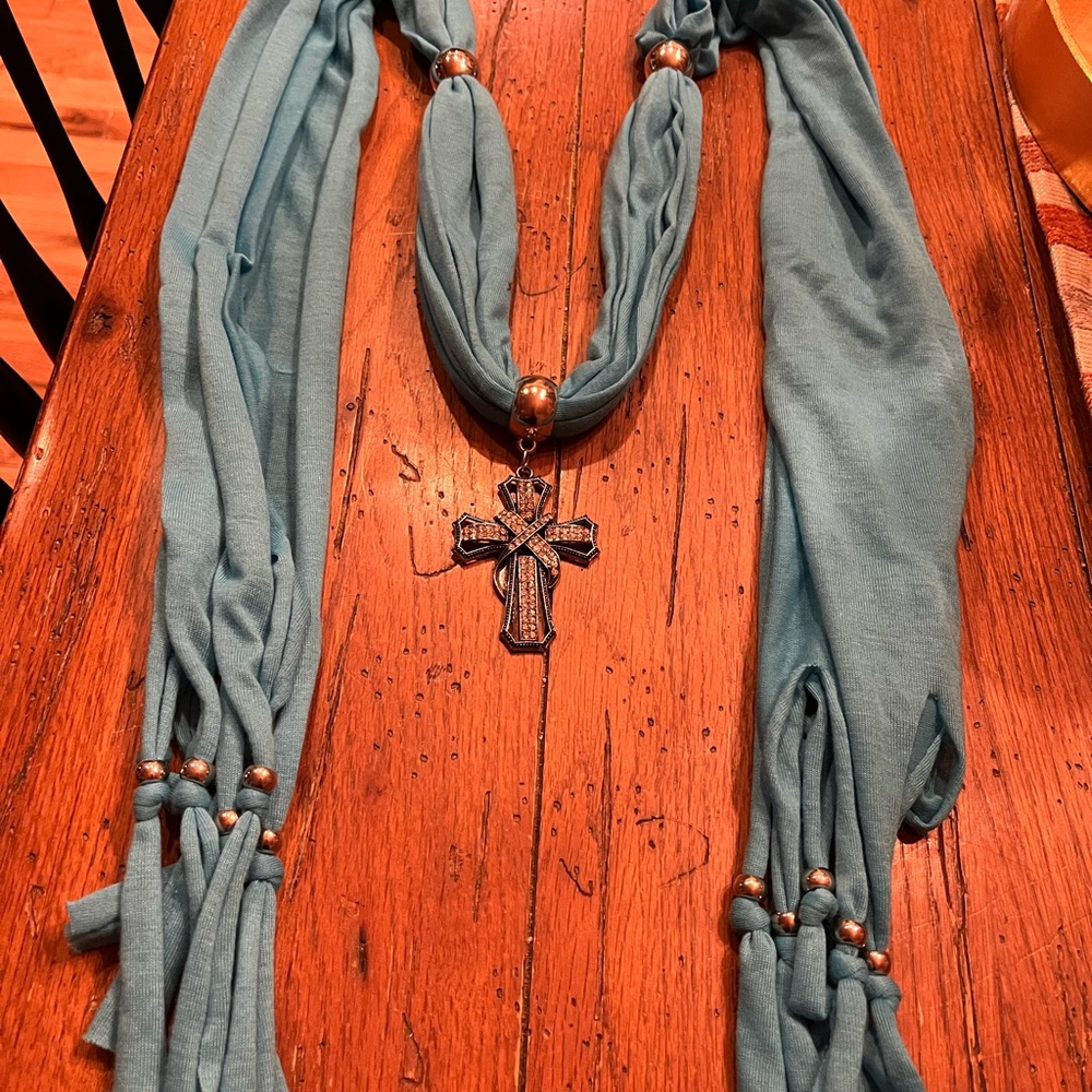 Elegant Blue Scarf Necklace with Cross Pendant